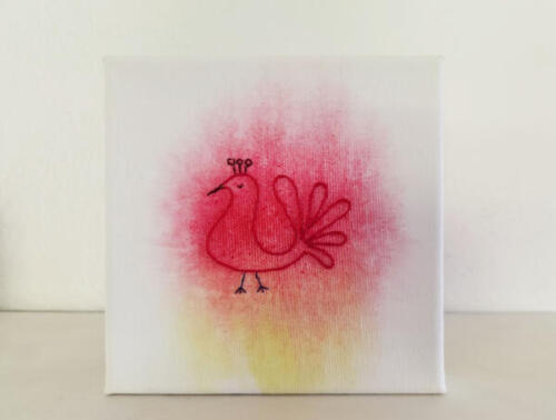 Stickerei "Vogel" in rot und gelb